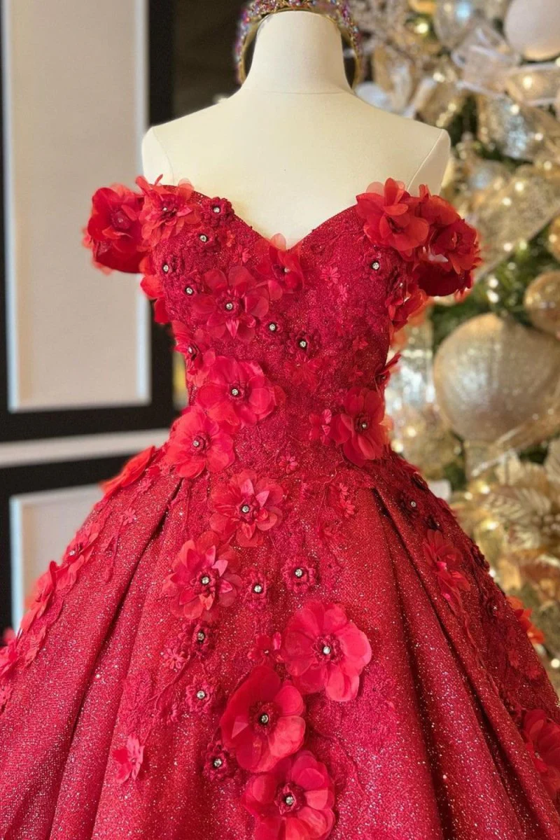 Ball Gown V Neck Beads Appliques Red Off-the-Shoulder Long Quinceanera Dresses