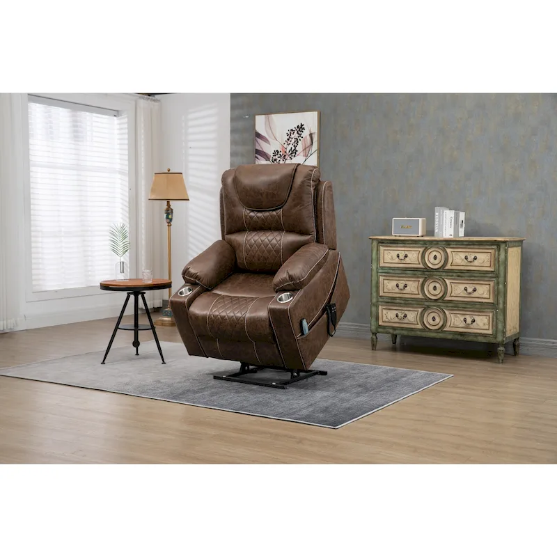 Brown PU Leather Power Lift Recliner with Massage and Heating - 400 lbs Capacity