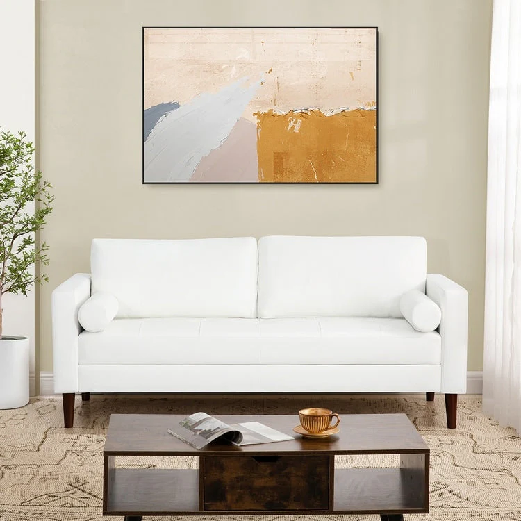 Modern Genuine Leather Sofa with Wooden Legs & Additional Bolster Pillow