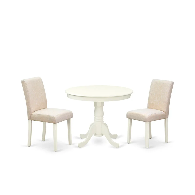 East West Furniture Dining Table Set- A Round Kitchen Table and Light Beige Linen Fabric Chairs, Linen White (Pieces Options)