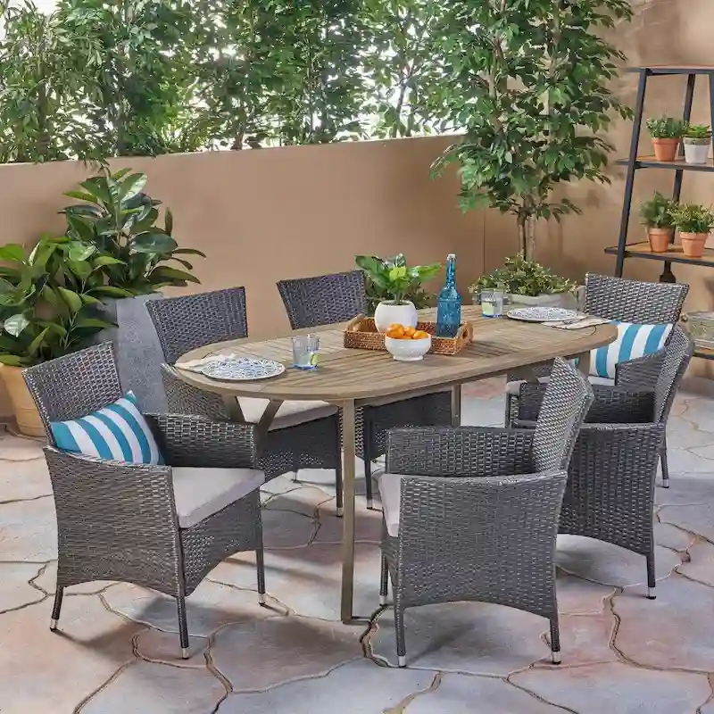 Wyatt Outdoor 7 Piece Wood and Wicker Dining Set