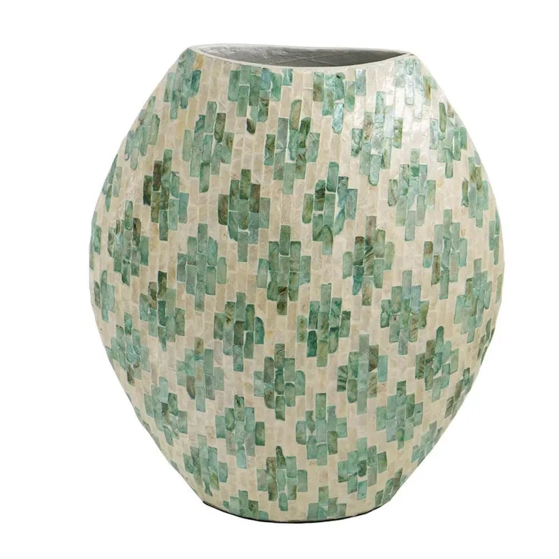A&B Home Green and Tan Diamond Pattern Capiz Vase