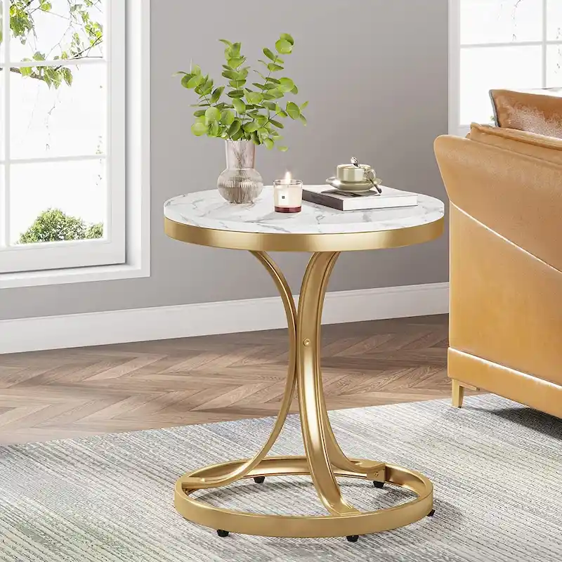 Round Side Table with Faux Marble Top and C-Shaped Metal Legs