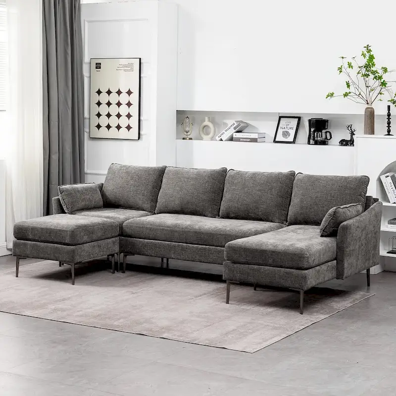 U-Shaped 6-Seat Sectional Sofa, Reversible Sleeper in Modern Chenille Design, with Chaise Lounge and Ottoman