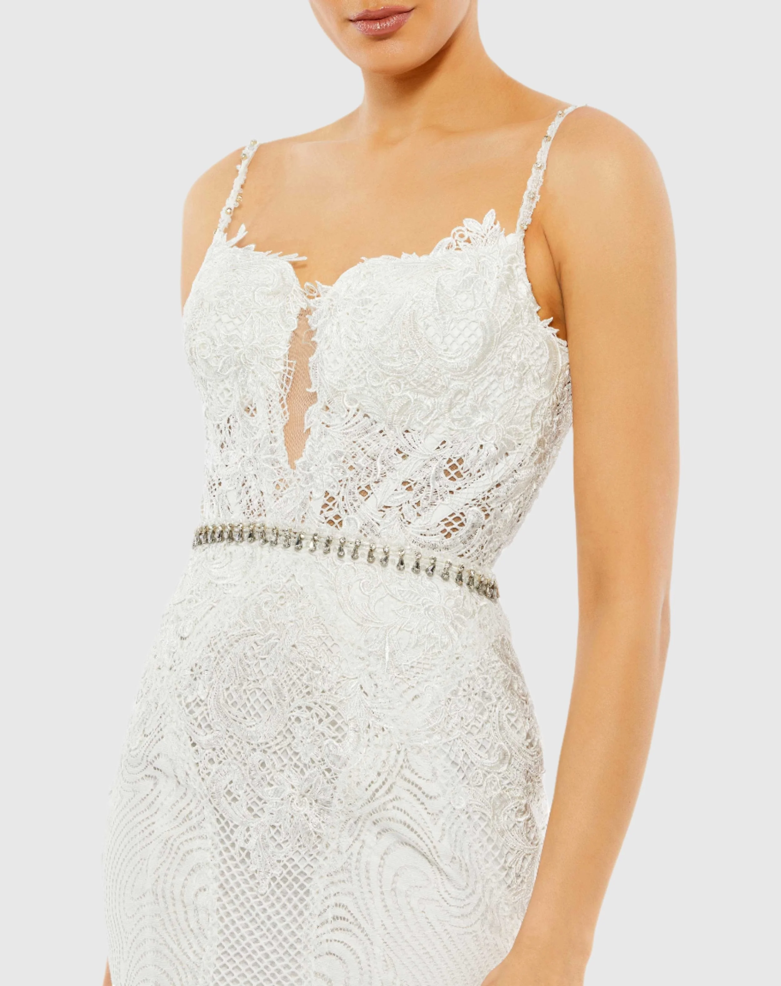 White Embroidered Sleeveless Plunge Neck Trumpet Gown