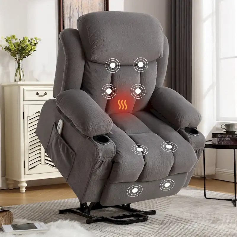 Grey Electric Power Lift Recliner featuring Heating, Massage, USB Port, Side Pockets, and Remote Control Functionality