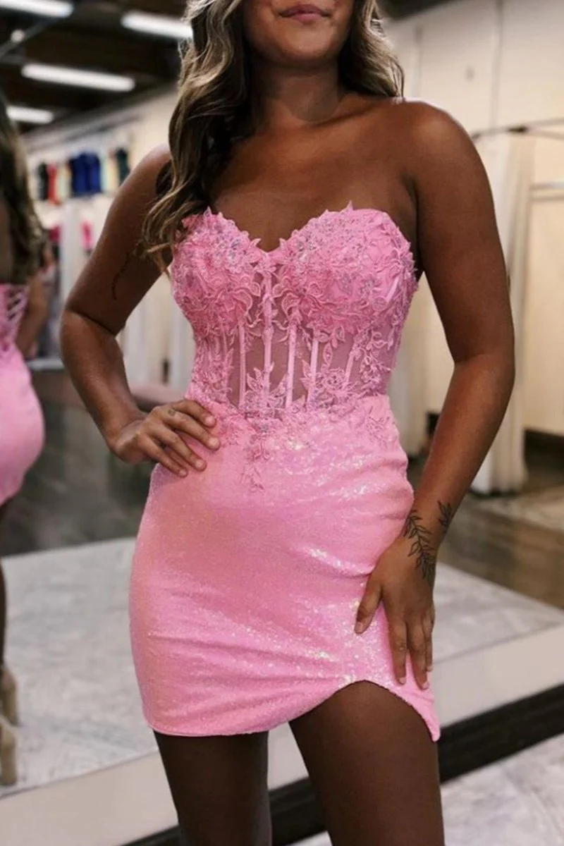 Bodycon Sparkly Sequin Strapless Short Homecoming Dress with Split