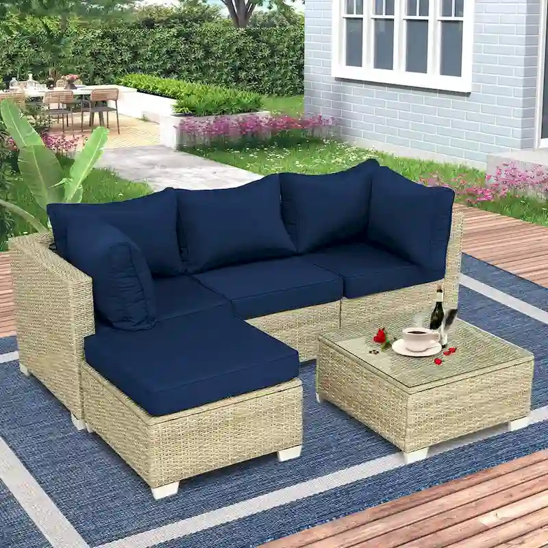 5-Piece Wicker Outdoor Sectional Set with Cushions and Coffee Table