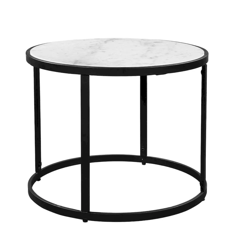23 Inch Side End Table, Modern Round White Natural Marble Top, Classic Black Iron Frame