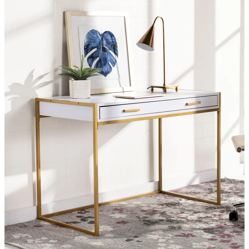 White & Gold 1-Drawer Console Desk with Metal Frame – 1-Person