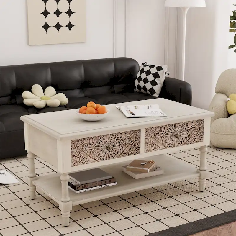 Mid-Century Modern Rectangular Coffee Table with 2 Drawers and Shelf