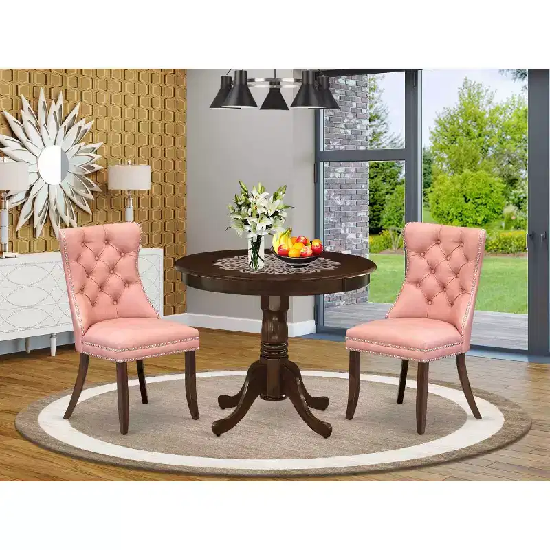 HomeStock 3-Piece Antique Walnut Finish Solid Wood Top - Round Upholstered Dining Room Set - (Seats-4)