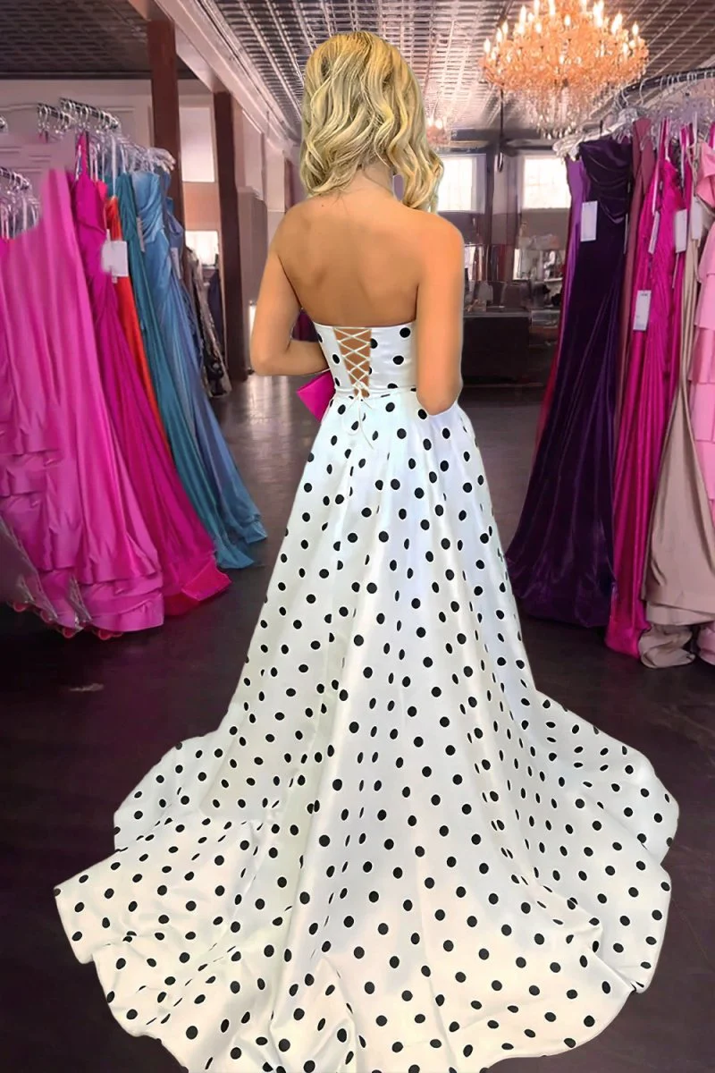 Fuchsia Strapless A Line Polka Dots Satin Long Prom Dresses With Bow