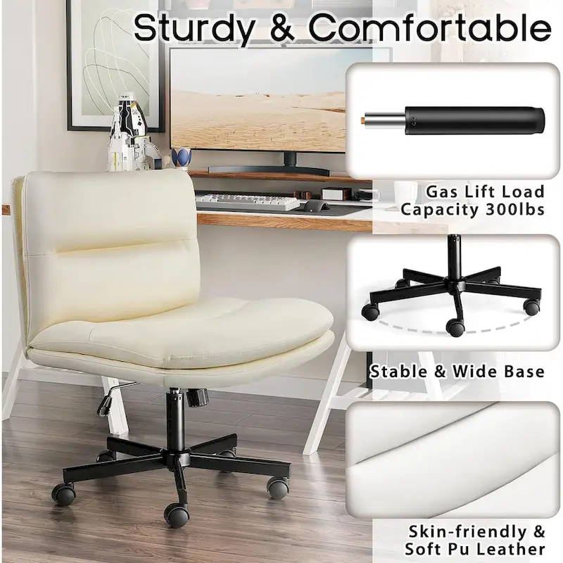 Cross Chair with Wheels,PU Leather Armless Cross Legged Office chair, Adjustable Wide Seat Task Vanity Chair