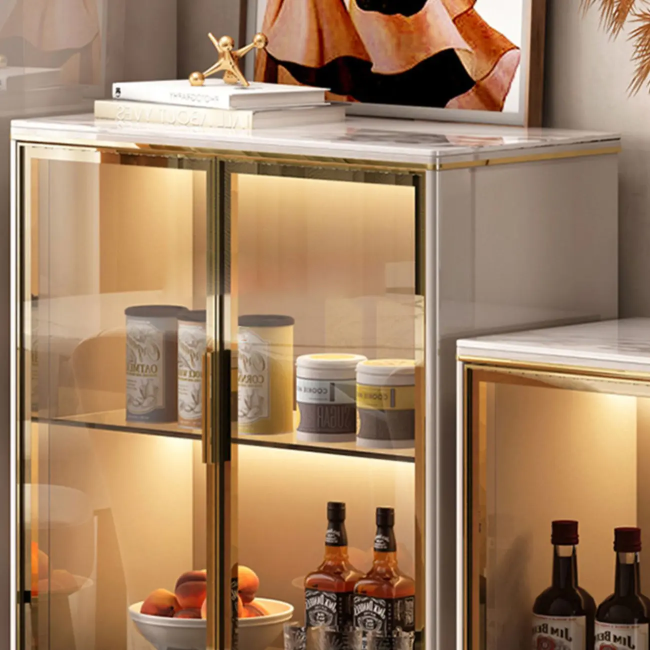 White Wood Gold Legs Adjustable Shelves Display Cabinet