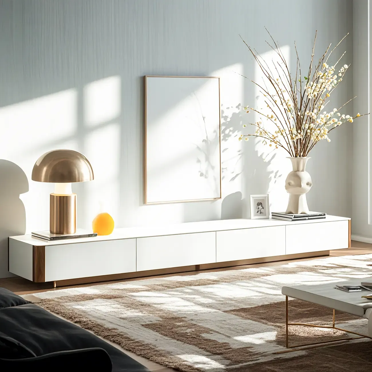 Minimalist White Stone TV Stand with Storage for Living Room