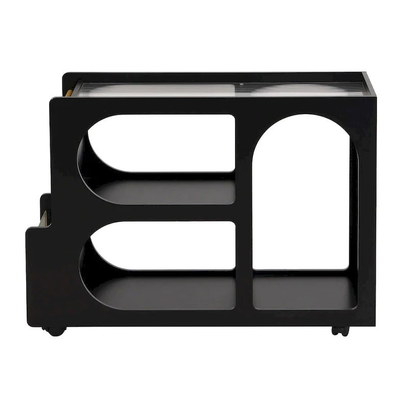 31.5  Modern Mobile End Table with 5mm Thick Fluted Tempered Glass, Lockable Wheels and Golden Round Rod