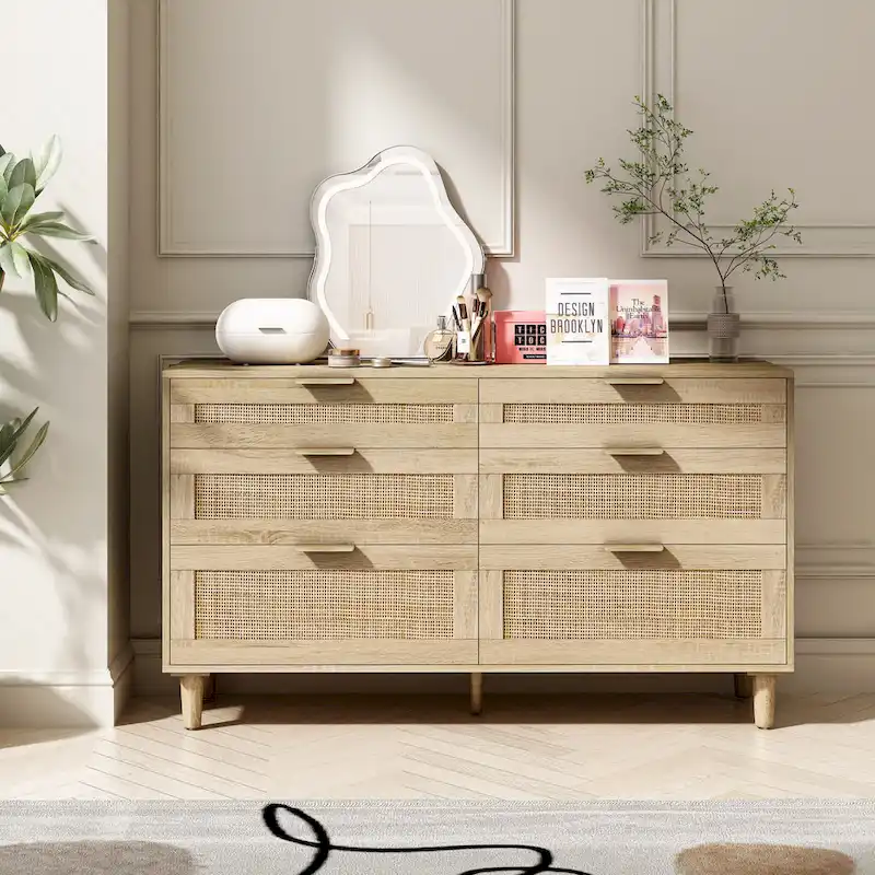 6-Drawer Dresser with Rattan Fronts, Metal Handles and Wood Legs