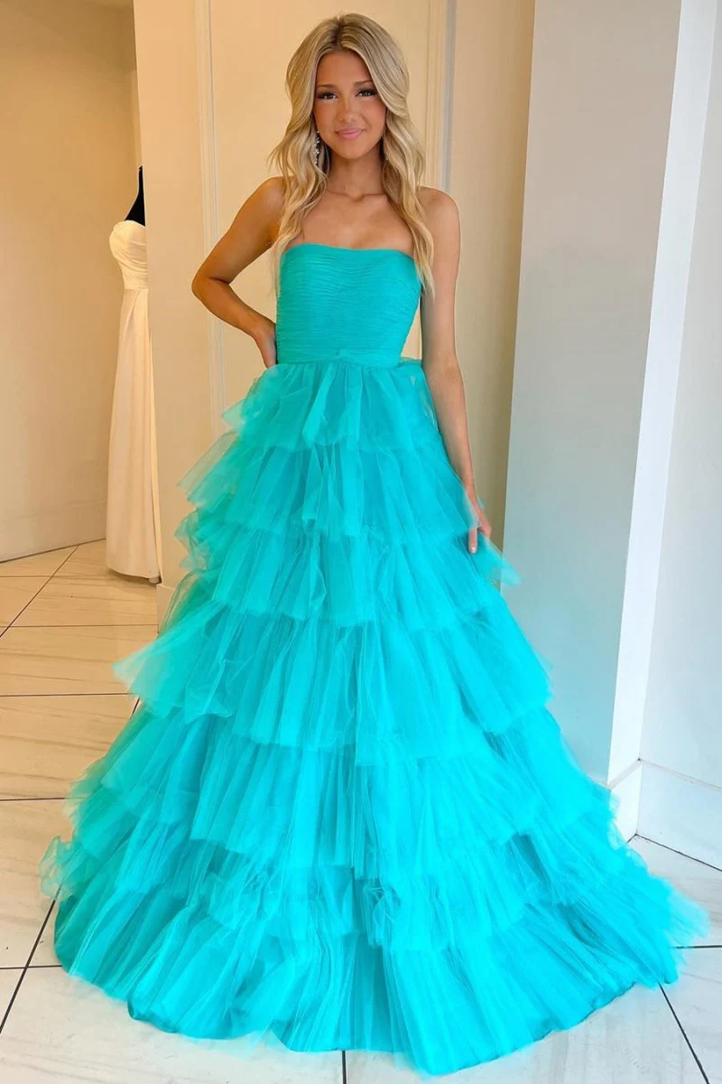 A-Line Strapless Tiered Tulle Prom Dress with Ruffles