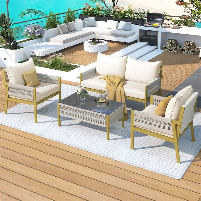 Rope Patio Furniture Set,Outdoor Furniture with Tempered Glass Table