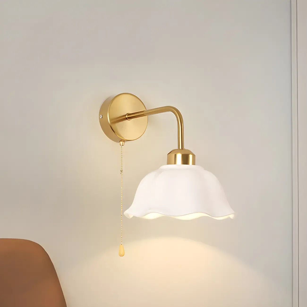 Modern Gold White Ceramic Pull Chain Wall Sconce