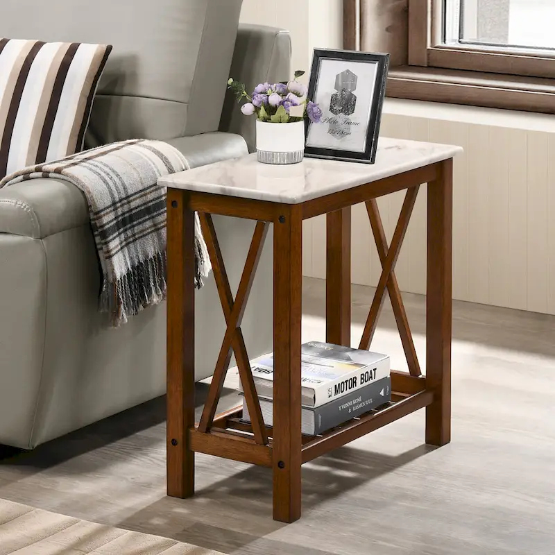 Dark Grey / White / Medium Oak Farmhouse Side Table with Faux Marble Top & Shelf