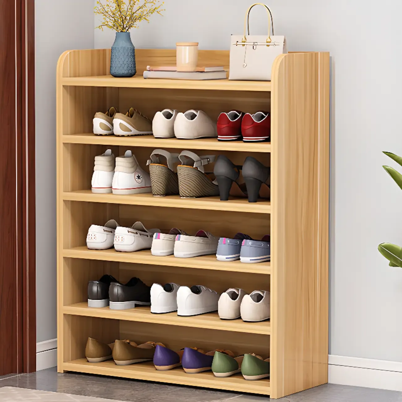 Vertical White Wooden Hallway 6-Tier Open Shoe Rack