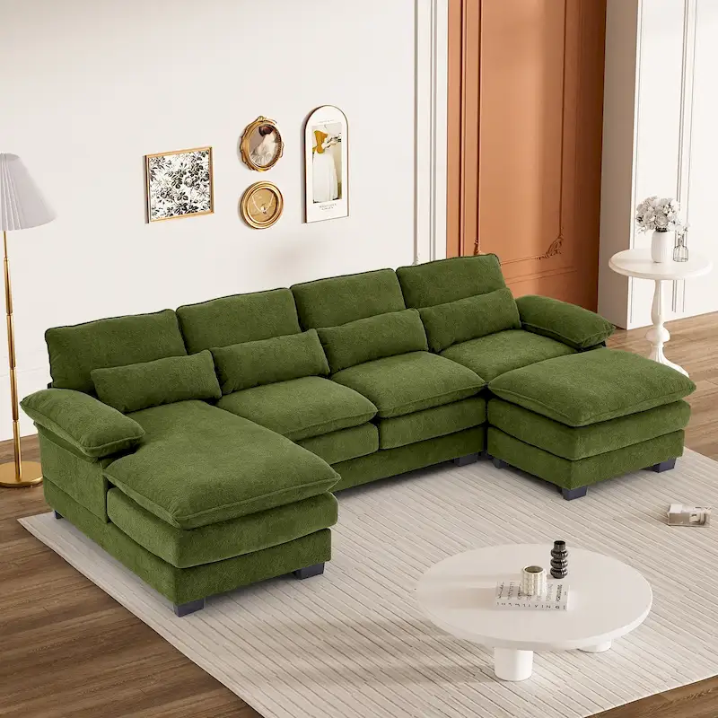 Soft Chenille Fabric U-Shaped Sectional Sofa with Double Layer Cushion