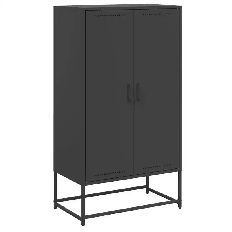 Industrial Steel Highboard Cabinet with 2 Hinged Doors, Matte Black Powder-Coated Finish