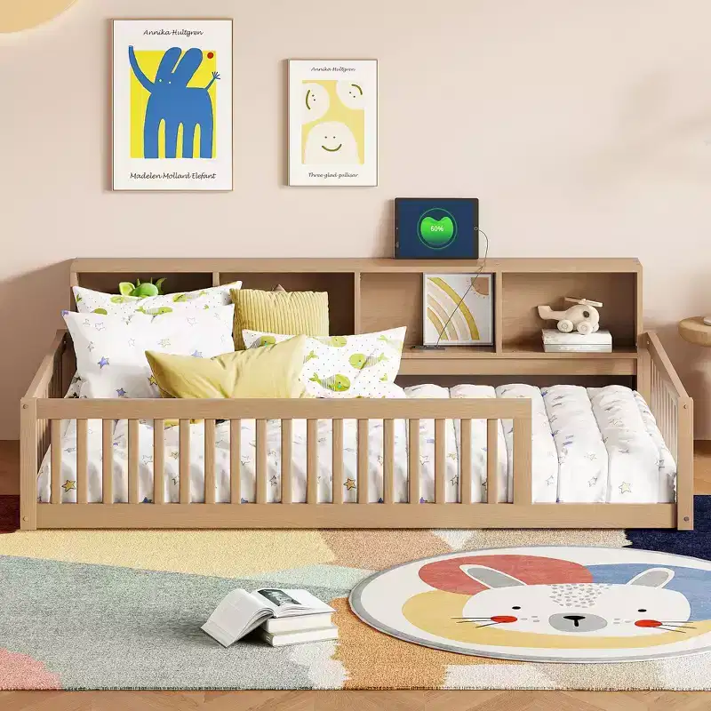 Okak Modern Twin Size Montessori Floor Beds with Storage Cabinets & USB Ports,Wooden Platform Bed for Kids Room,Bedroom