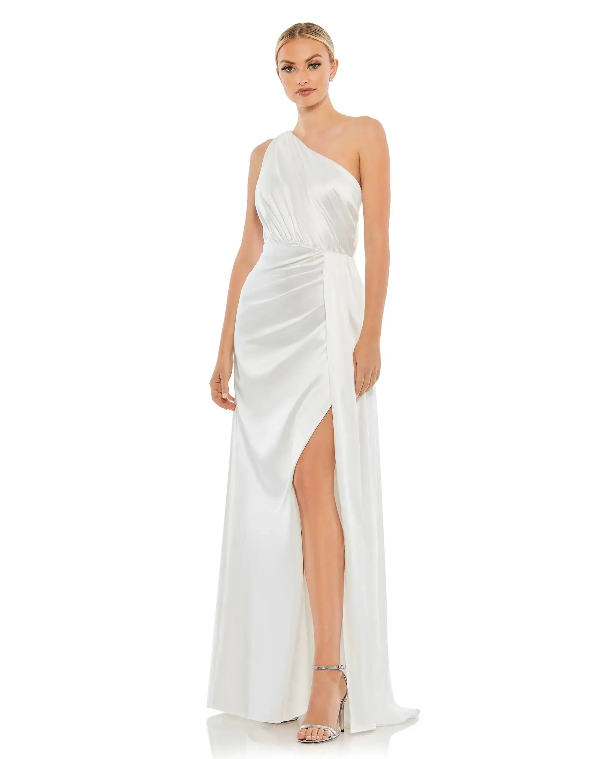 White Gathered One Shoulder Satin Faux Wrap Gown