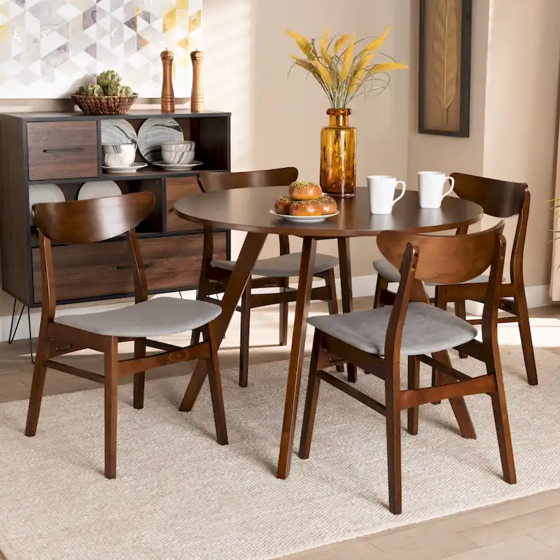 Solid Wood Dining with Half-Round Legs, 4 Chairs & Bench – Natural / Grey, Seats 6