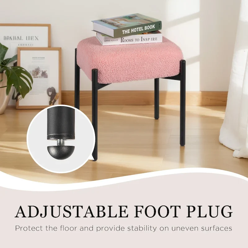 Faux Teddy Fur Round Vanity Stool, Ottoman Foot Stool