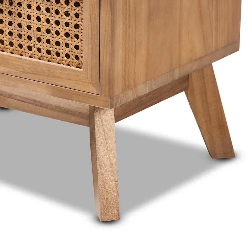 Natural Brown & Walnut Brown Paulownia Wood End Table with Woven Rattan Drawers & Angled Legs – Mid-Century Style