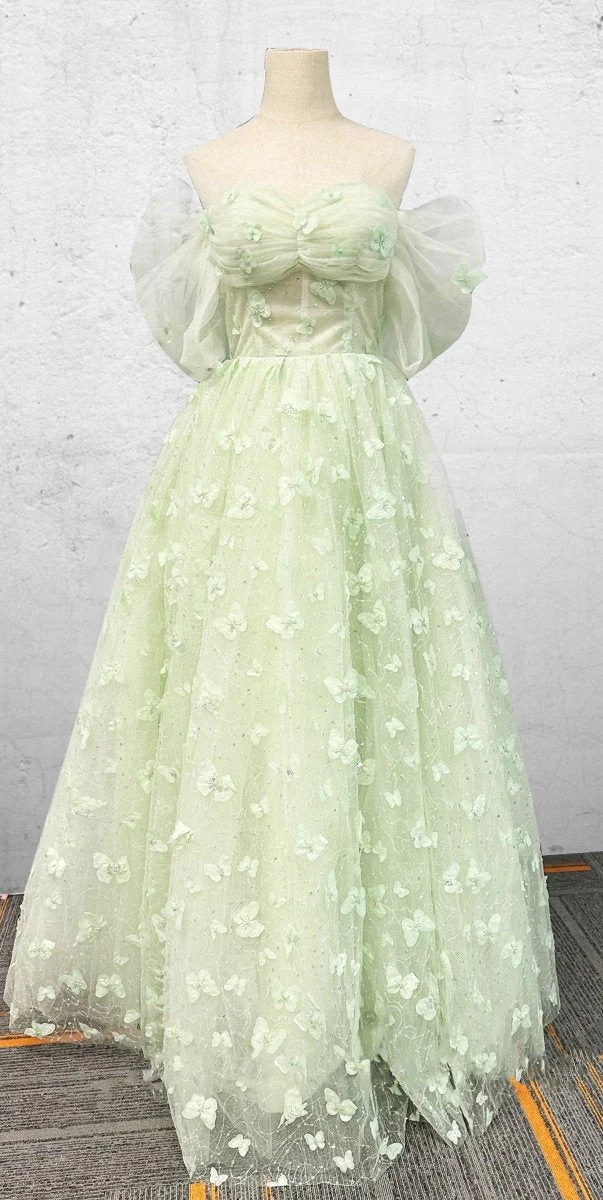 Boho A-Line Off The Shoulder Sage Green Floor-Length Quinceanera Dress