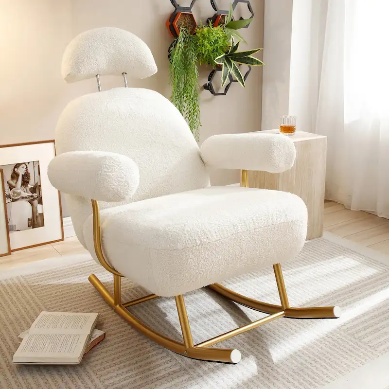 Beige / Pink / Grey Sherpa Fabric Glider Rocking Chair, 1-Person