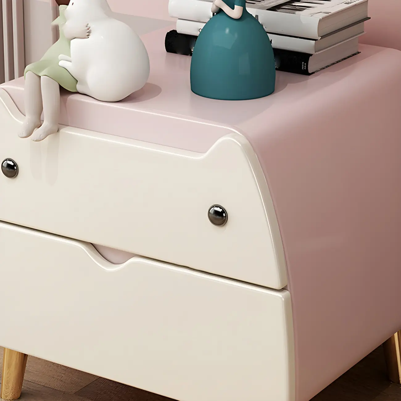 Pink Cute Cat Shape Scandinavian Nightstand with 2 Drawers