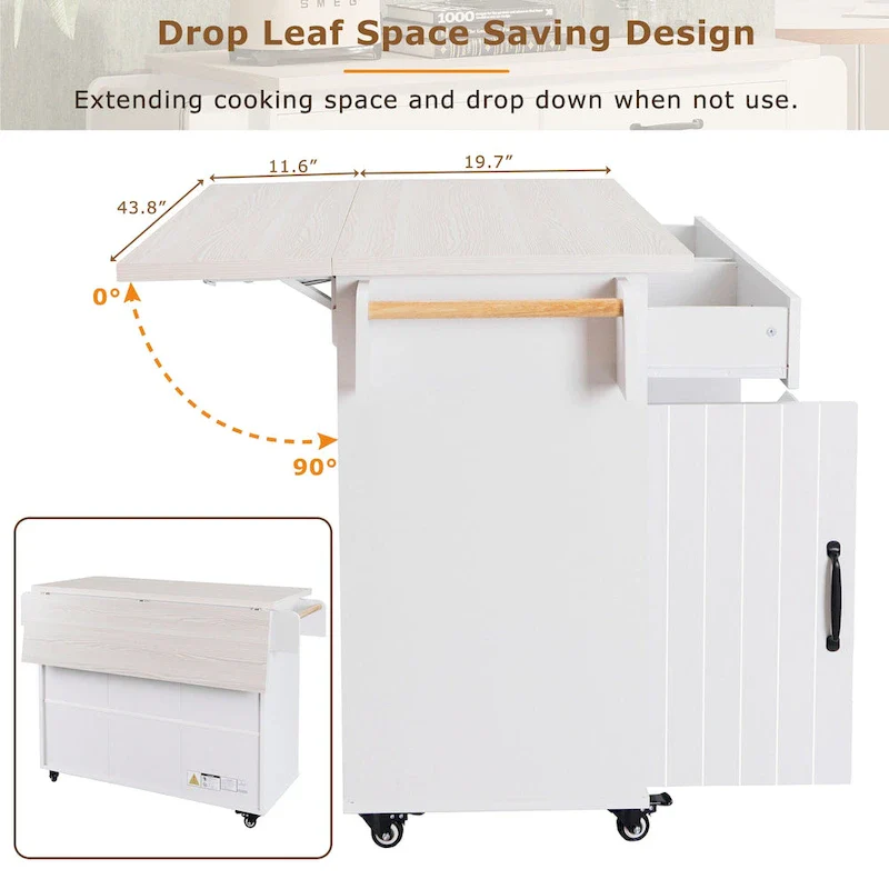 51 in. W Rolling Kitchen Island Cart with Drop Leaf and Tilt-out Trash Can
