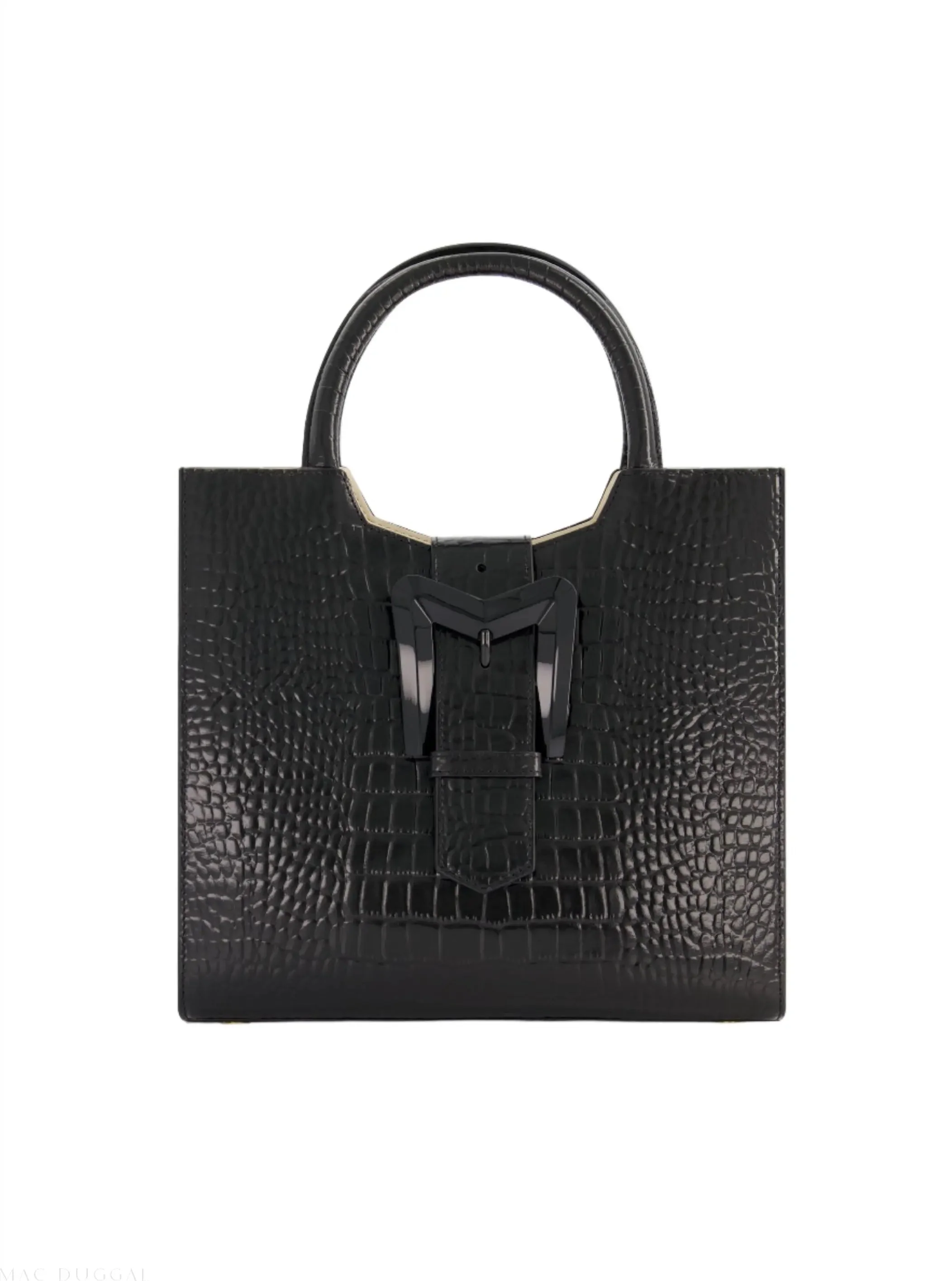 Black Buckled Medium Croco Leather Tote Bag with Detachable Strap