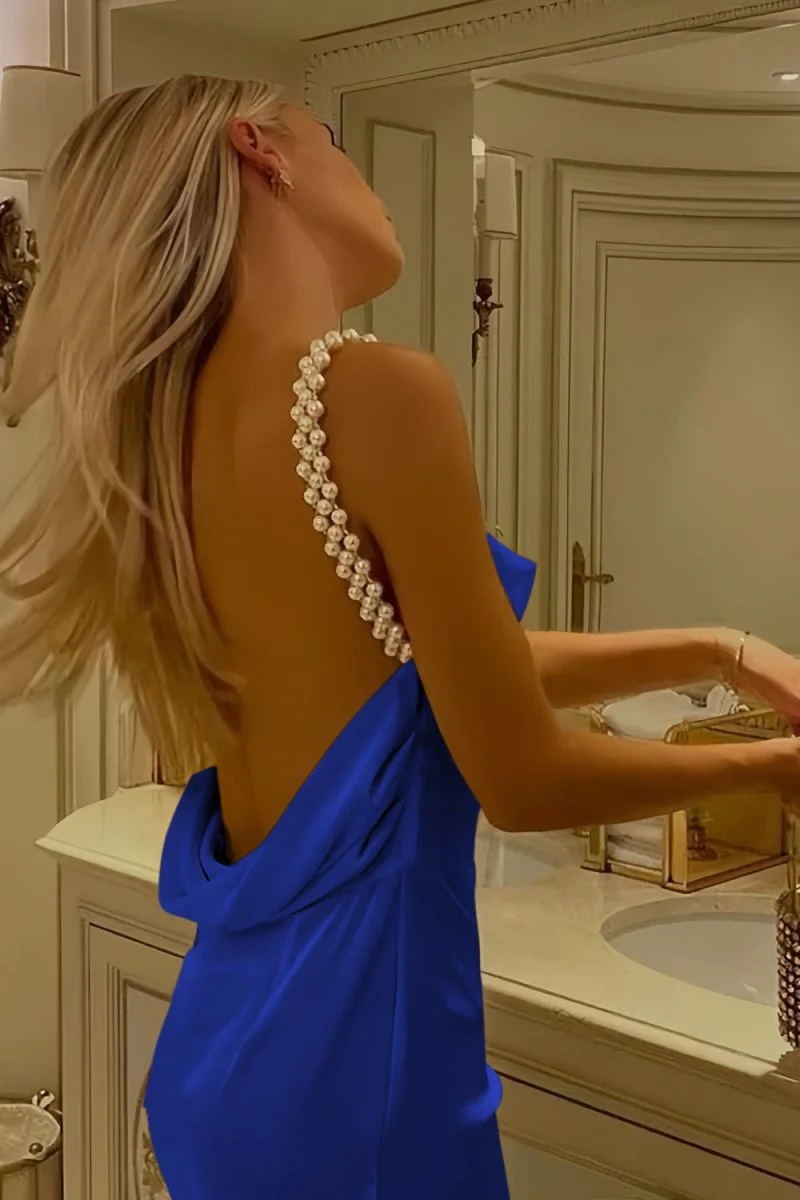 Yellow Sheath Spaghetti Straps Satin Long Prom Dresses With Pearls