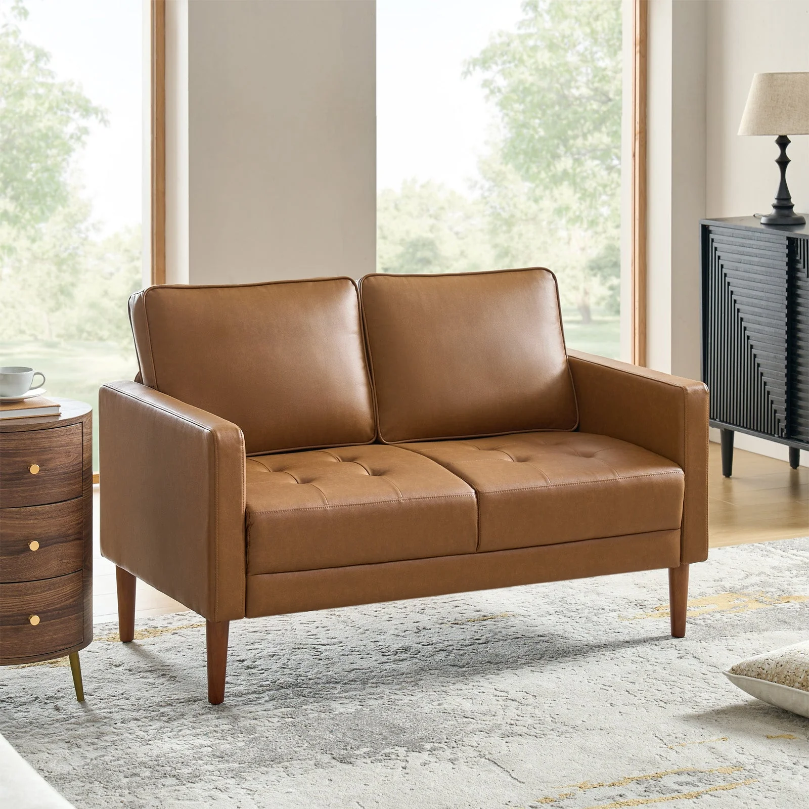 PVC Loveseat with Button-Tufted Seat, Movable Back Cushions, Nailhead Trim & Walnut Solid Wood Legs | Camel / Black / Brown | 2-Seater