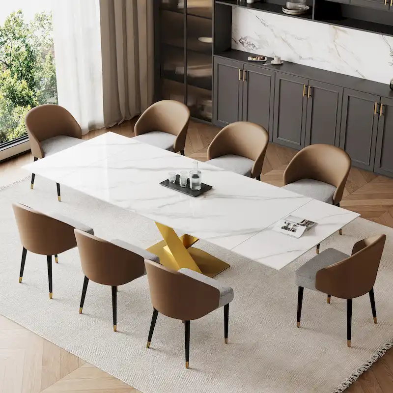 9 - Piece 94.48  Rectangular Extendable Sintered Stone Dining Table with 8 Faux leather Chairs Dining Set