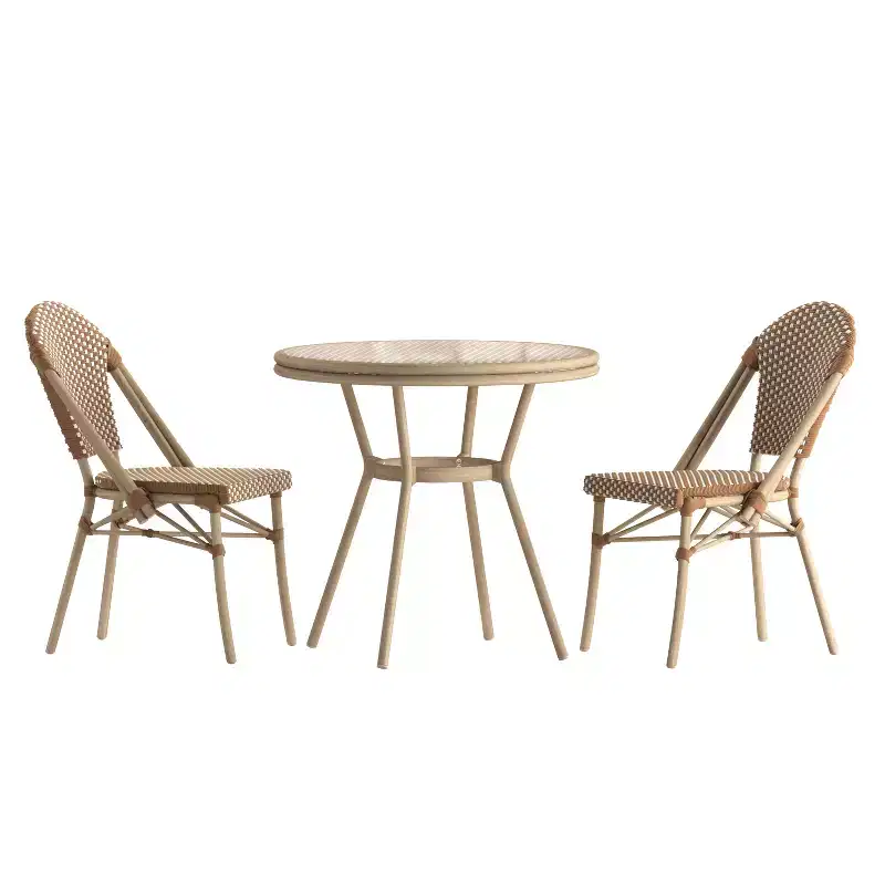 Emma & Oliver Colmar Indoor/Outdoor Bistro Style 31.5 in. Table with PE Rattan, Glass Top, and Two Chairs - Metal Frame