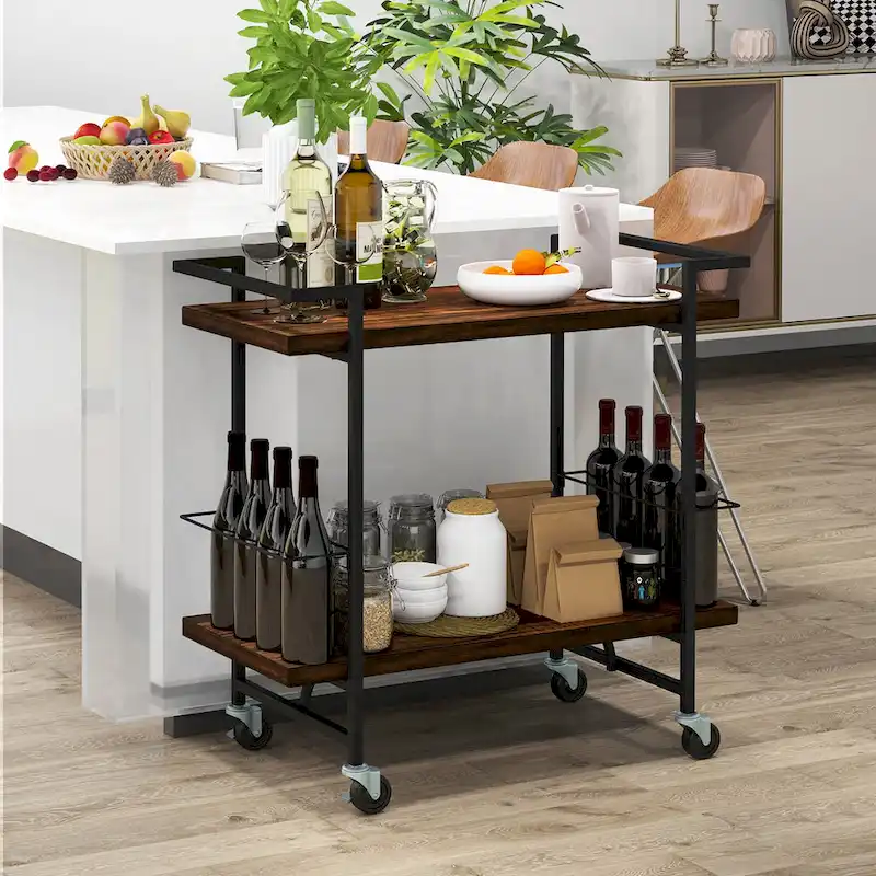 Home Bar Cart 2-tier Home Bar Cart w/ Lockable Wheels &