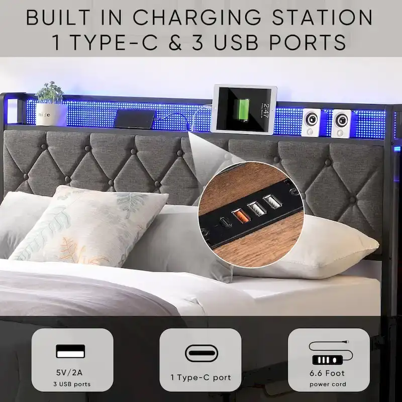 Dark Grey Full Bed with Storage Headboard, Charging Station and LED Lights