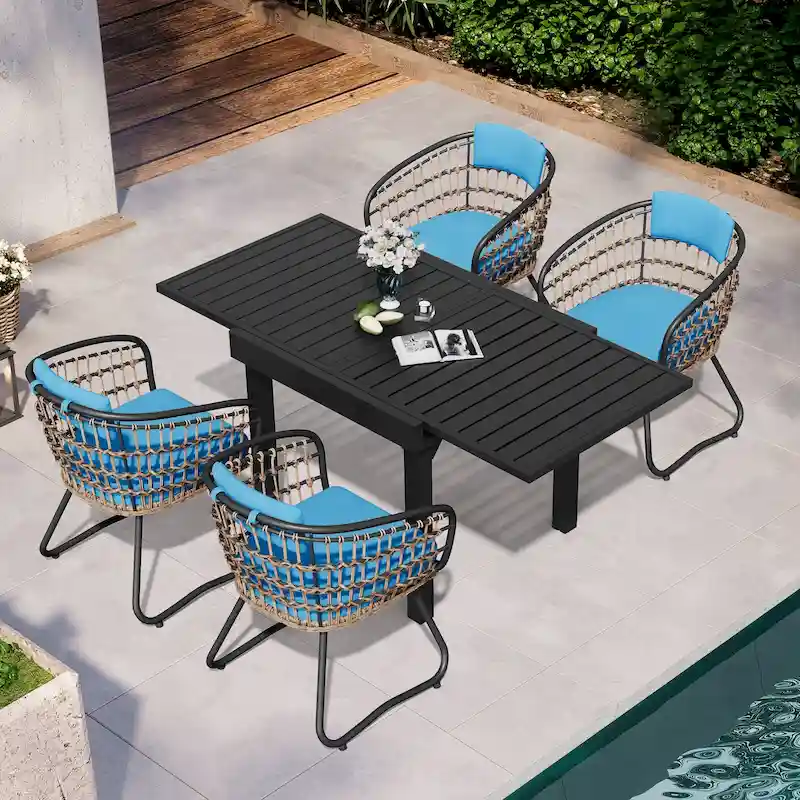 5PC Outdoor Extendable Patio Dining Table with Rattan Chairs
