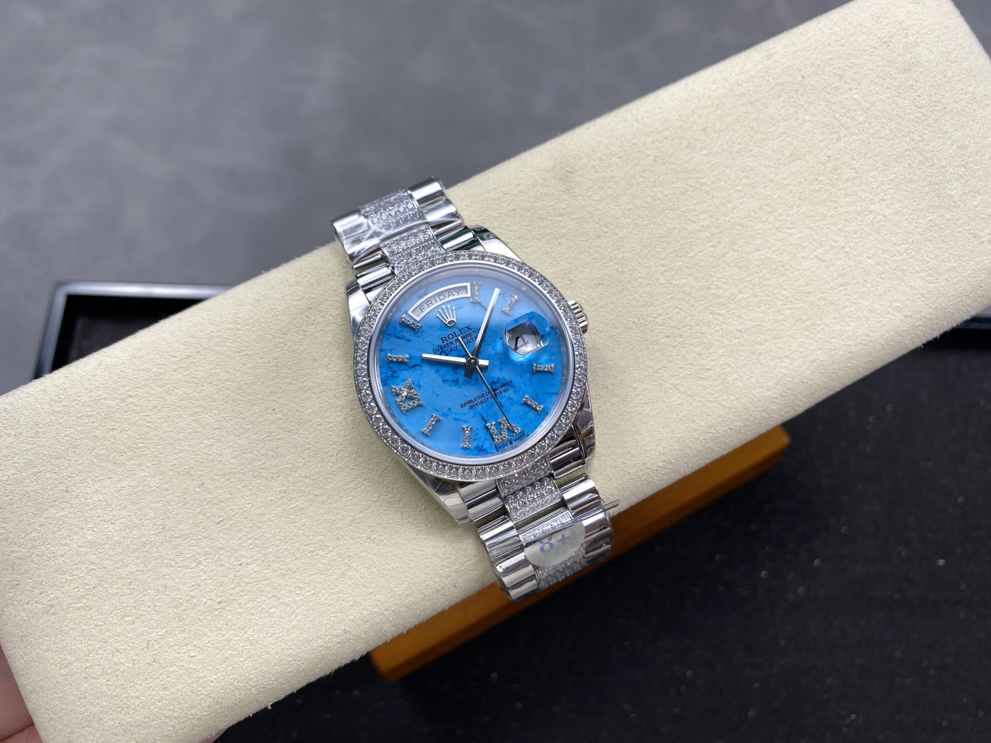 Rolex Day-Date 40 replica with azure blue dial and diamond bezel