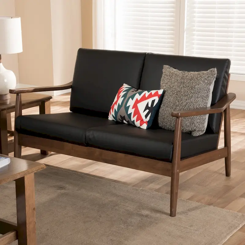 Brown Mid-Century Loveseat with Walnut Frame - Seats 2