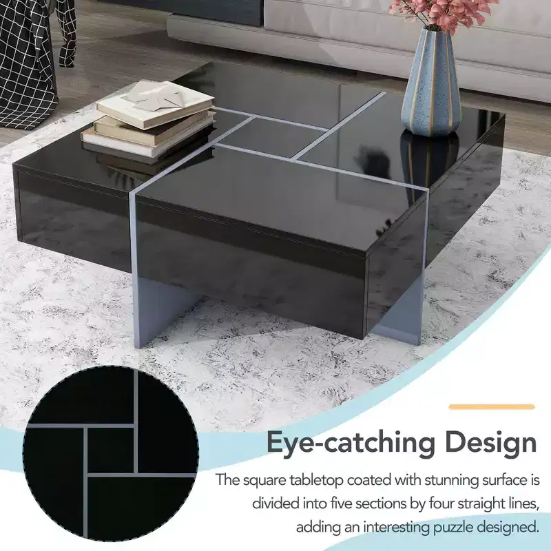 Extendable Sliding Top Coffee Table with 4 Hidden Compartments, Unique Design, UV High-gloss, 31.5x 31.5