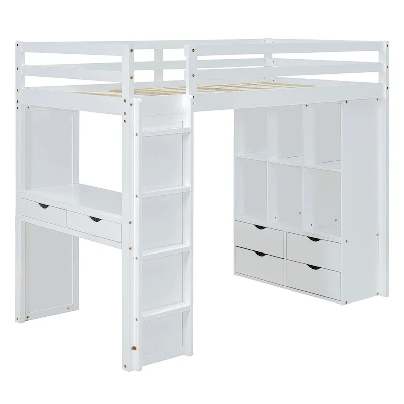 Merax Loft Bed with large shelves, writing desk and LED Light